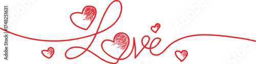 Red Script Word Love with Heart Accents on White Background