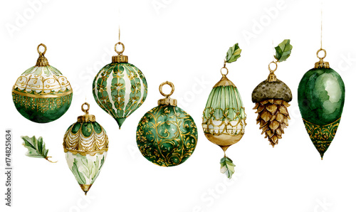 Collection of vintage green christmas ornaments and pinecone, detailed watercolor illustration isolated on transparent background