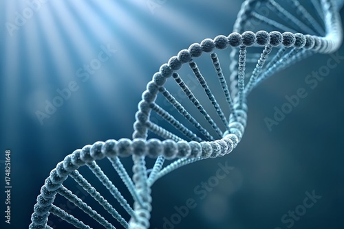 Abstract 3D render of a blue DNA helix spiral structure, representing molecular biology and biotechnology research