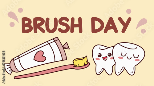 National Brush Day Awareness Poster with Toothpaste, Toothbrush, and Smiling Teeth Cartoon for Dental Health Campaign