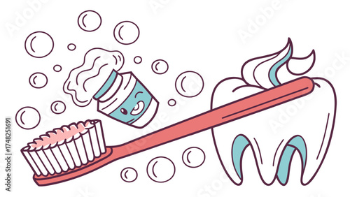 National Brush Day Awareness Poster with Toothpaste, Toothbrush, and Smiling Teeth Cartoon for Dental Health Campaign