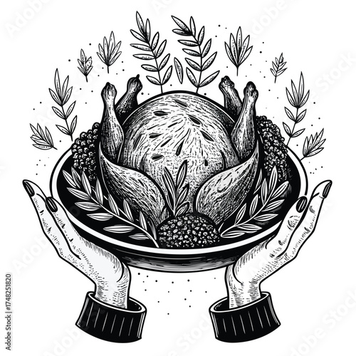 Hands presenting a roasted chicken with garnish and decorative leaves