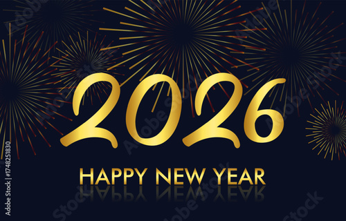 happy new year 2026 background with golden text and fireworks
