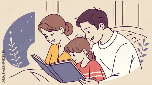 Family Reading Together Book Illustration.