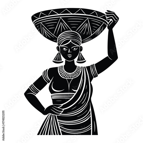African Woman Carrying Basket Silhouette Tribal Art Illustration Image on White Background