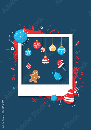 Festive holiday snapshot of Christmas ornaments and gingerbread man decorations.