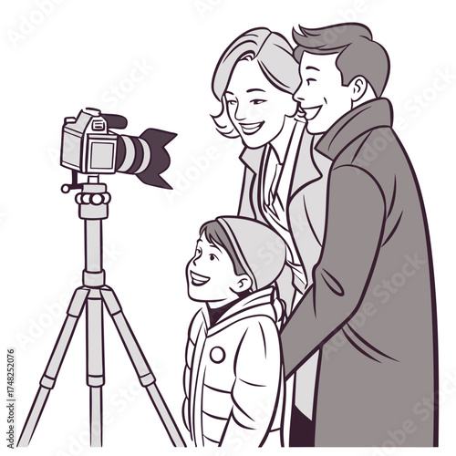 Family Taking a Picture with a Camera on a Tripod.