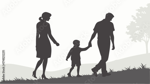 Family walk silhouette parents and child strolling together outdoors.