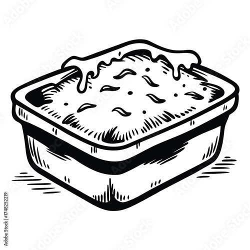 Hand drawn illustration of a casserole dish with melted cheese