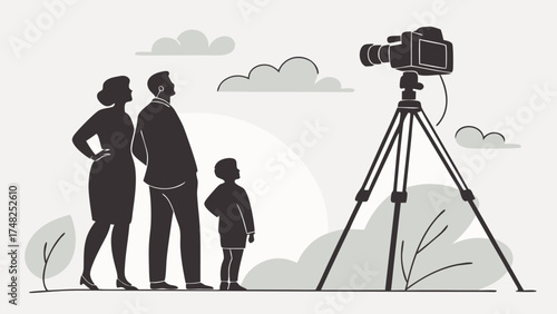 Family watching the camera on a tripod.
