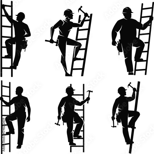 construction, worker, ladder, climbing, silhouette, hard hat, tool belt, hammer, posture, action, black, white, manual, labor, safety, equipment, graphic, illustration, building, design