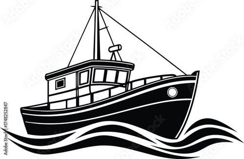 Vector art of black and white illustration of a fishing trawler boat sailing on wavy water