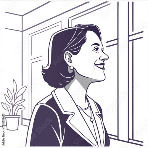 Happy Smiling Woman in Office Black and White Illustration.