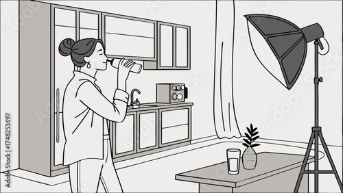 Illustration of a person drinking water in a modern kitchen with studio lighting equipment.
