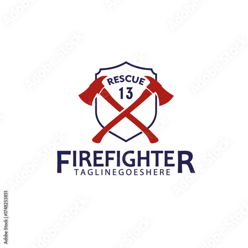 Crossed Firefighter Fireman Hatchet with Shield Symbol Logo Vector Design