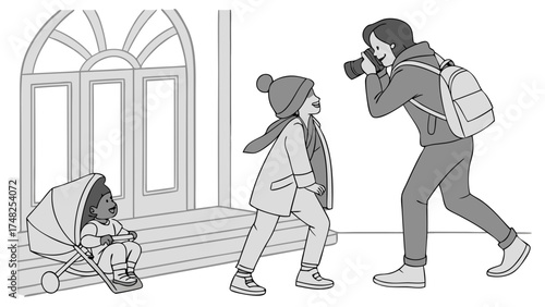 Illustration of a photographer taking a photo of a child with another child in a stroller.