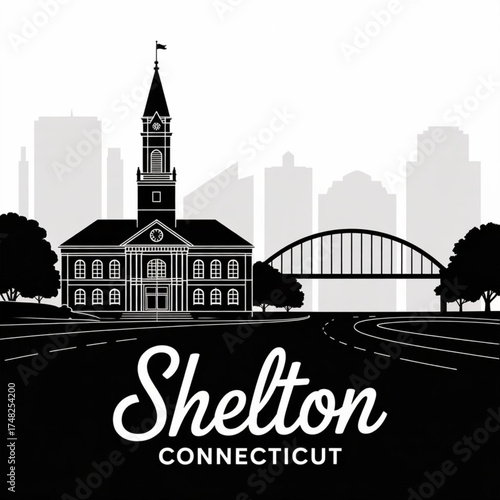 Shelton Connecticut Skyline Silhouette — Riverside Fairfield County City Vector Illustration