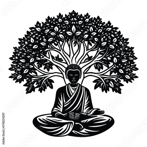 Buddha Silhouette Under Bodhi Tree of Enlightenment Peaceful Meditation Art on White Background