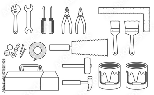 フラットイラスト：DIY工具イラストセット(アウトライン)
