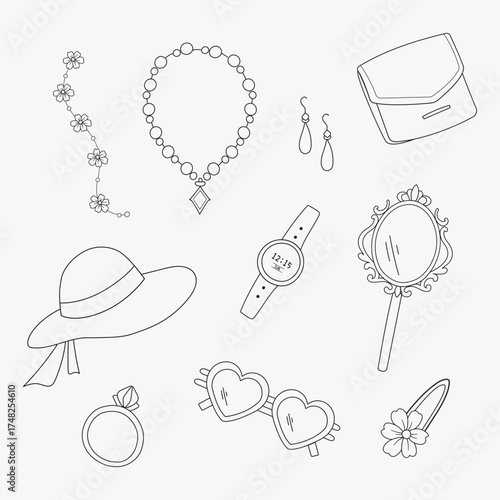 Beautiful woman accessories like necklace, bracelet, purse, mirror, in vector outline line art style. Illustration clip art of accessory for asset, design, fashion