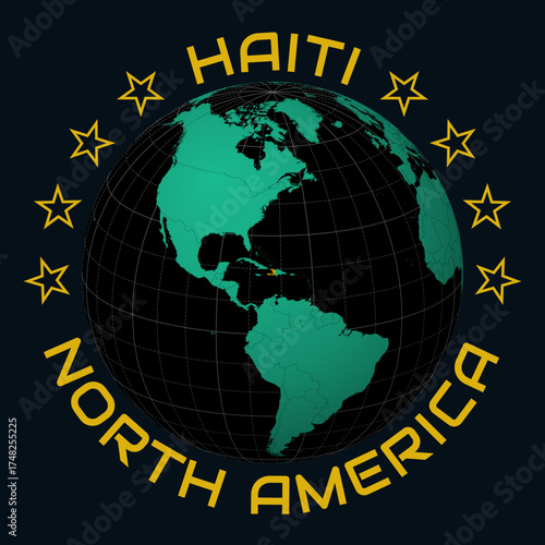 Republic of Haiti on Globe. Round country and continent name text. Country view on world map in Black Emerald color palette. Haiti shape on map. Elegant vector illustration.