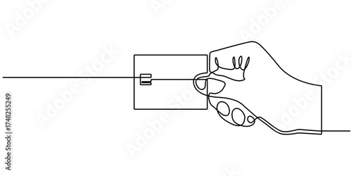 Hand holding a black and red bank card with chip, symbolizing luxury and secure financial continuous one line drawing