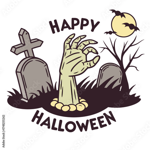 Happy Halloween Vector Illustration with Zombie Hand Rising from Grave, Tombstones, Full Moon, and Flying Bats in Spooky Cemetery Night Scene