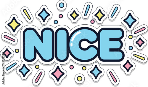 Comic Pop Art Style Expression Sticker with Bold 'NICE' Text and Vibrant Starburst Effect in Explosive Speech Bubble Vector