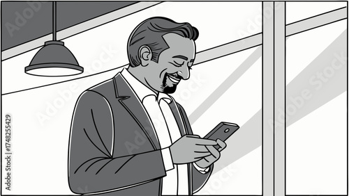 Man in Suit Smiling While Looking at Phone Screen.