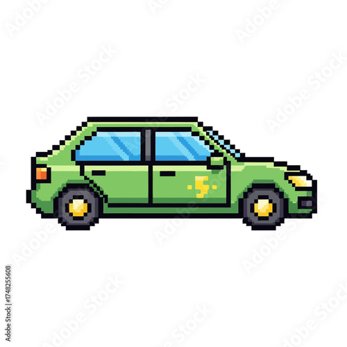 Pixel Art Green Sedan Car Side View.