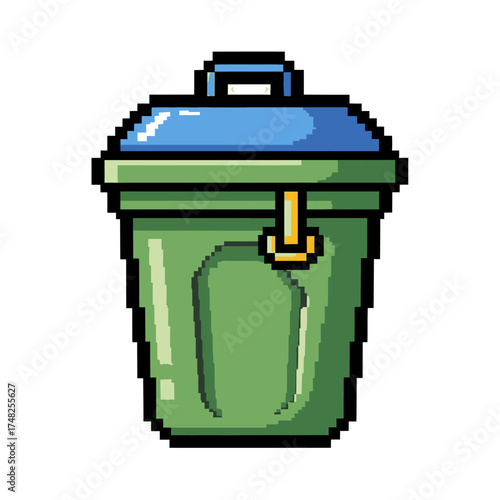 Pixel Art Green Trash Can with Blue Lid.