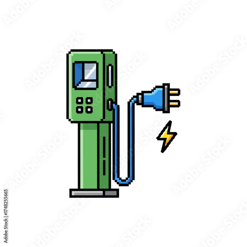 Electric Vehicle Charging Station Pixel Art Illustration.