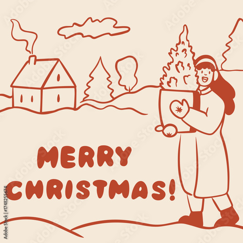 Christmas girl with Christmas tree doodle postcard illustration, holiday home background, festive winter art