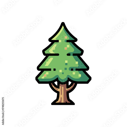 Vibrant Green Coniferous Tree Illustration with Stylized Branches and Brown Trunk.