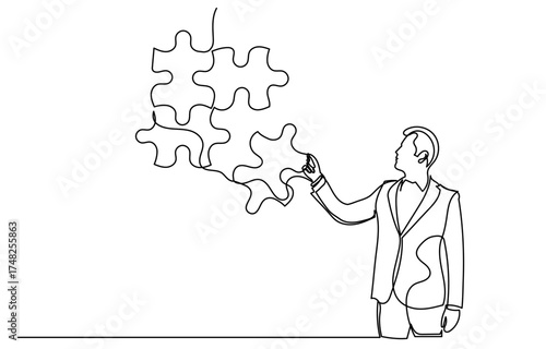continuous line drawing of a businessman in a suit reaching out to place a piece in a floating puzzle.concept of problem-solving,business strategy,and finding the right solution to complete a project.
