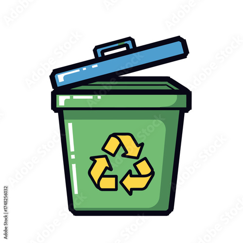 Green recycling bin with open lid and recycling symbol.