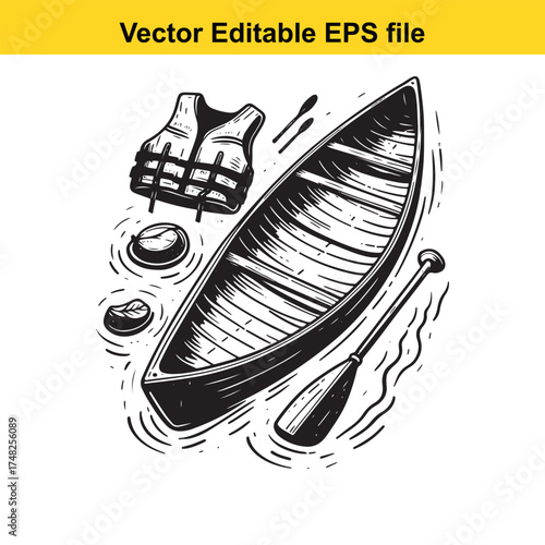 Vector art of hand drawn illustration of a canoe with a paddle, life vest, and rocks in water