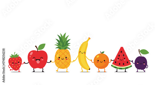 A group of happy cartoon fruits holding hands together in a line.