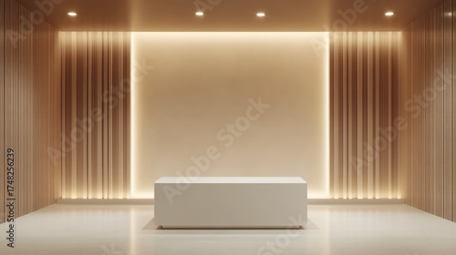 Minimalist white podium in modern room, light background, product display, showroom