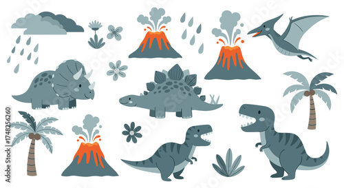 Pixel art prehistoric world with volcanoes rain and dinosaurs.