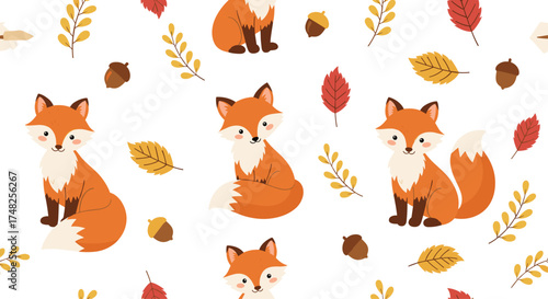Cute fox and autumn leaves pattern.