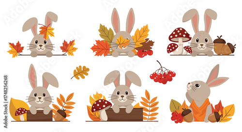 Cute autumn rabbits enjoying the fall season.