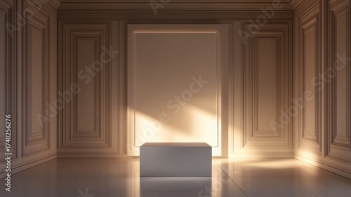 Elegant room, sunlit pedestal, blank canvas, product display, interior design