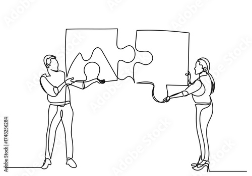 continuous line drawing of a businessman and businesswoman connecting two puzzle pieces.The concept teamwork,collaboration,problem-solving,and the synergy of a successful partnership.