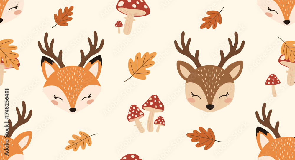 Fototapeta premium Cute fox and deer faces with autumn leaves and mushrooms.
