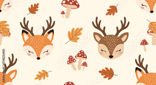 Cute fox and deer faces with autumn leaves and mushrooms.