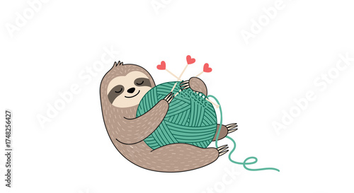 Cute sloth knitting a large ball of yarn with hearts floating above it.