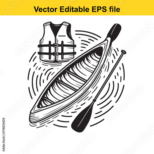 Vector art of canoe and life vest with paddle on wavy water surface, vector illustration