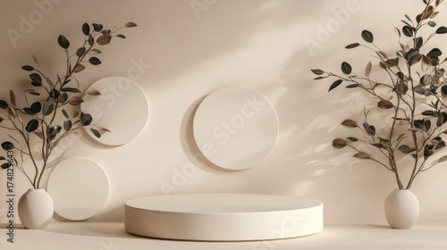 Beige product display podium with plants, sunlight backdrop, for marketing