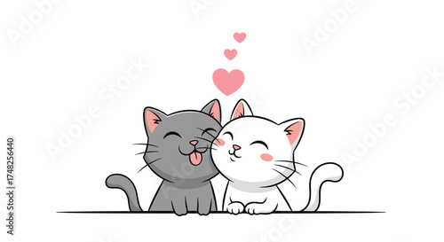 Two adorable cartoon cats showing affection with hearts above their heads.
